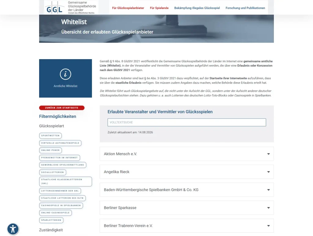 Amtliche GGL-Whitelist mit Stand 14. August 2026 zur Prüfung des deutschen Erlaubnisstatus