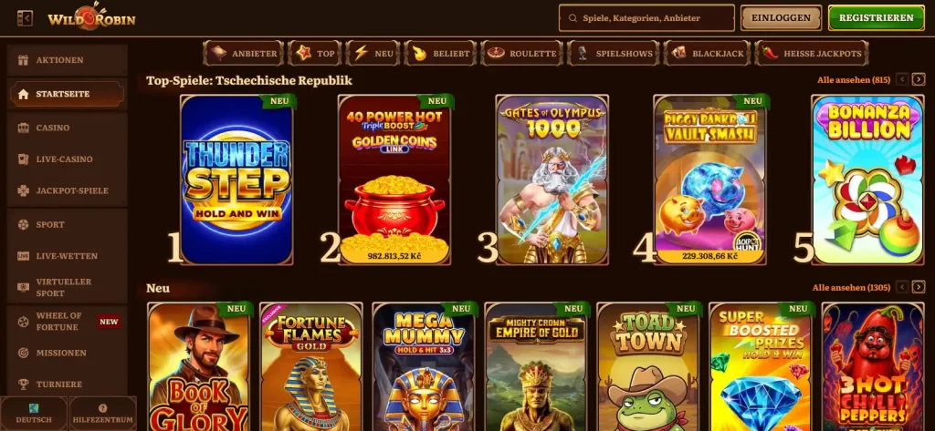 Deutsche WildRobin Casino-Lobby mit Spielekategorien, Filterleiste und sichtbarer Spielauswahl