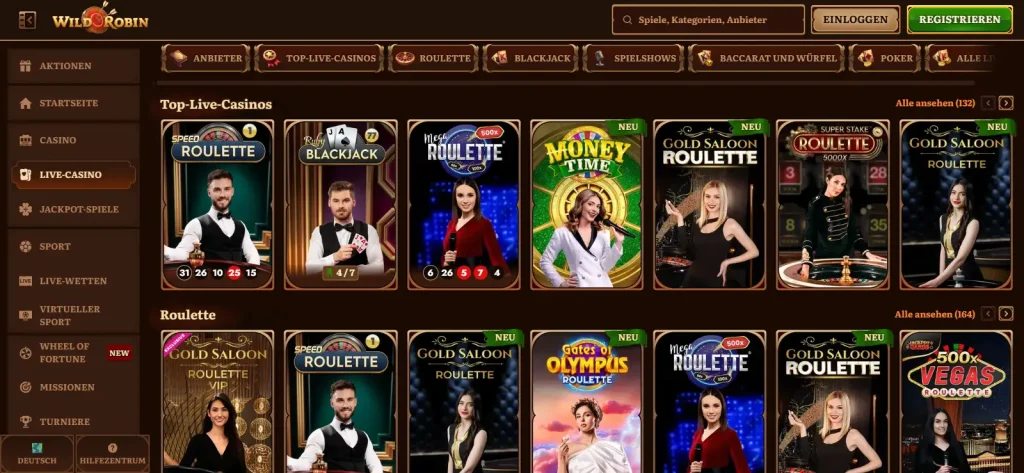 Deutsche WildRobin Live-Casino-Lobby mit Roulette, Blackjack und Spielshow-Kategorien