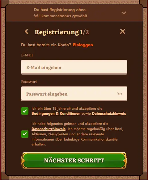 Deutscher WildRobin Registrierungsflow mit Bonuswahl und sichtbaren Formularschritten
