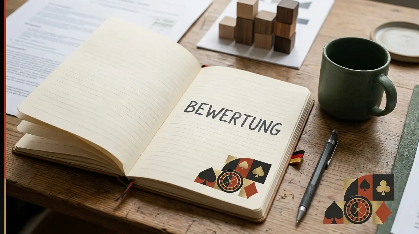 Redaktionelle Casino-Bewertung-Szene mit Deutschland-Bezug ohne Markenlogo